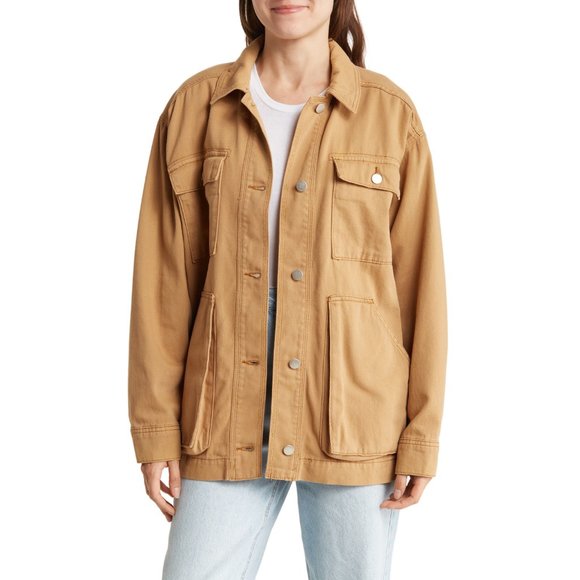 Topshop oversized cotton utility shacket with front pockets in camel, NWT! - Picture 3 of 5